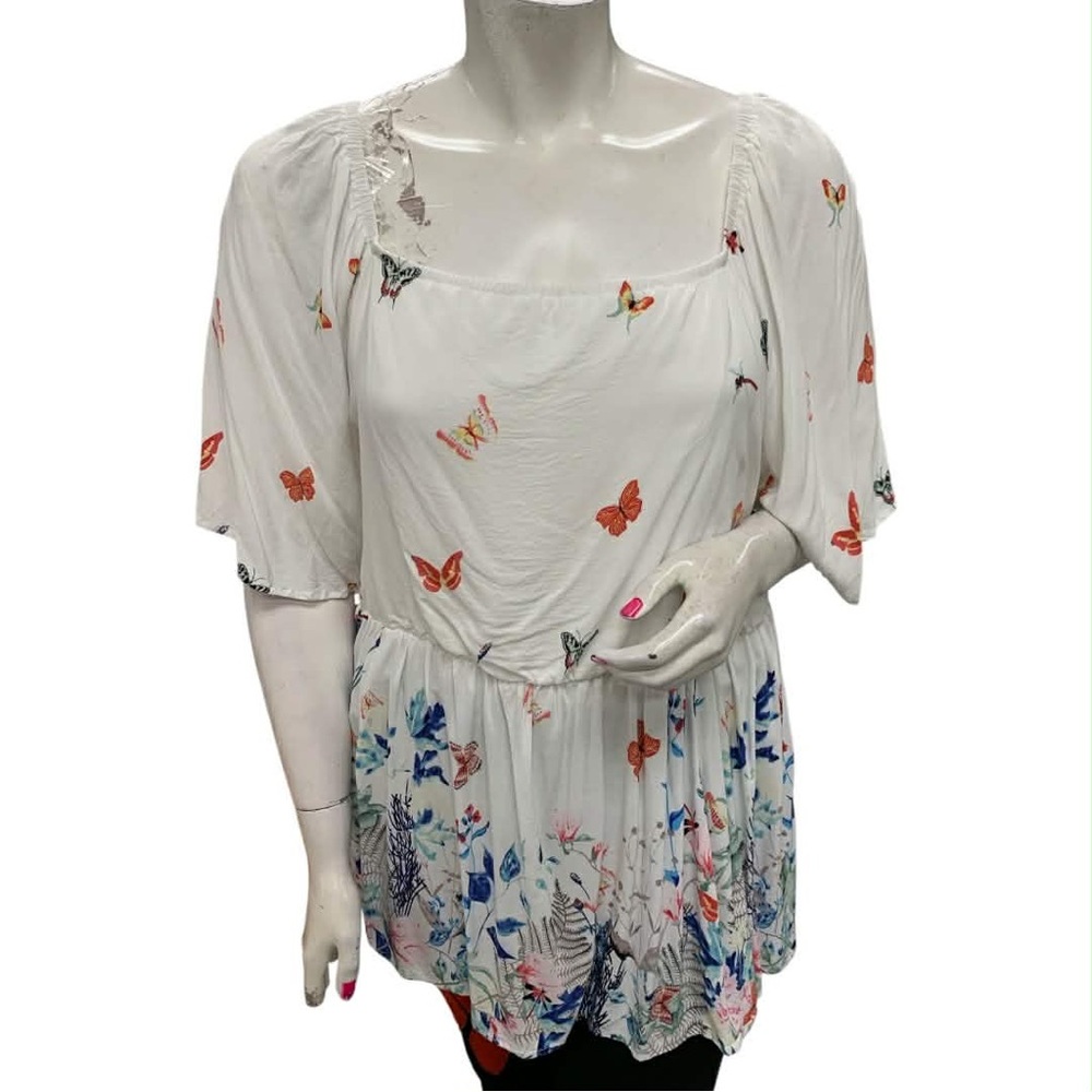BloomChic White Butterfly & Floral Peasant Tunic Size 3X